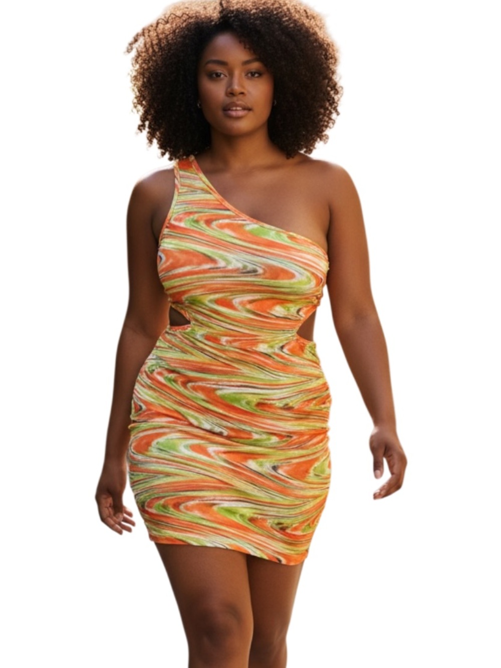 SHEIN One-Shoulder Orange & Green Swirl Cutout Bodycon Dress